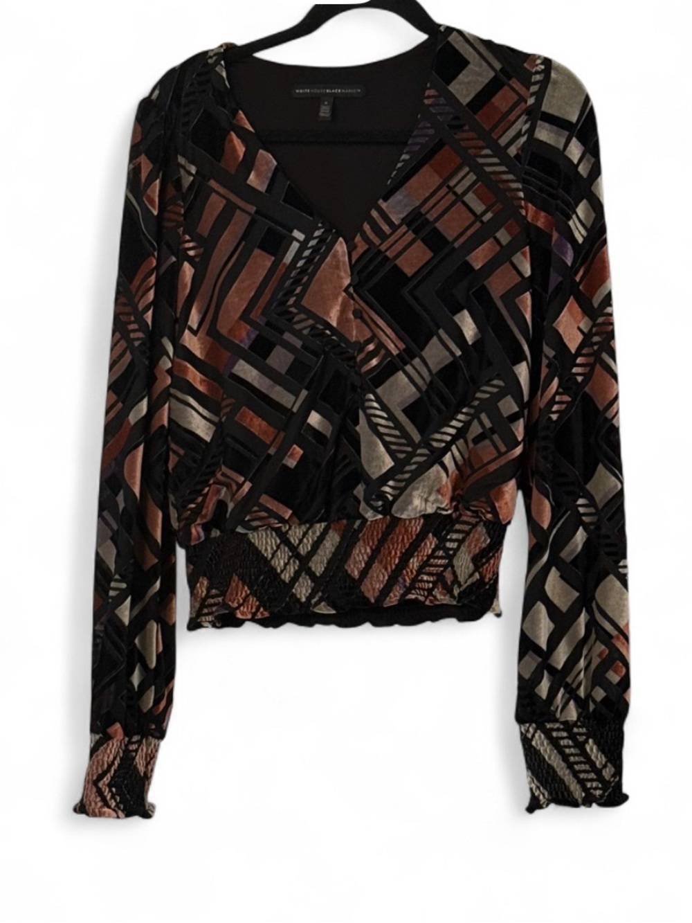 White House Black Market Velvet Burnout Geometric Wrap Top Smocked Size S